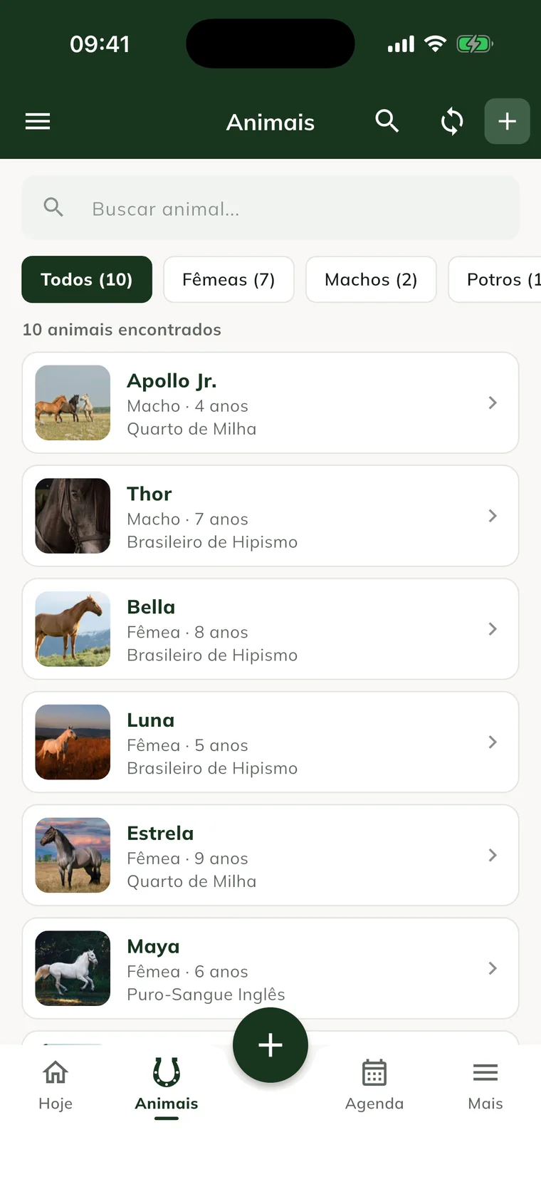 Lista de animales del haras en la app GENNO
