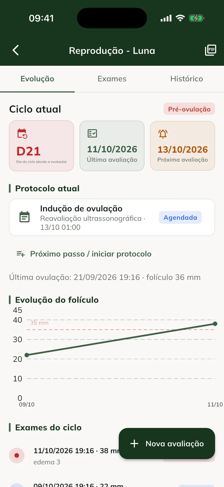 Ficha reproductiva de la yegua en la app GENNO, con exámenes y línea de tiempo