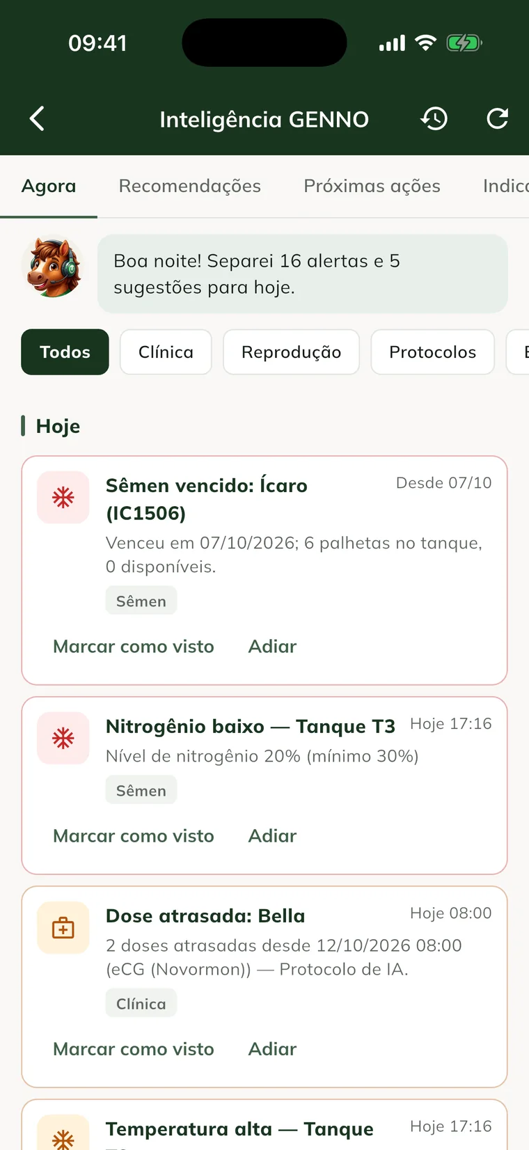 Pantalla Inteligencia de la app GENNO, con alertas e indicadores del haras