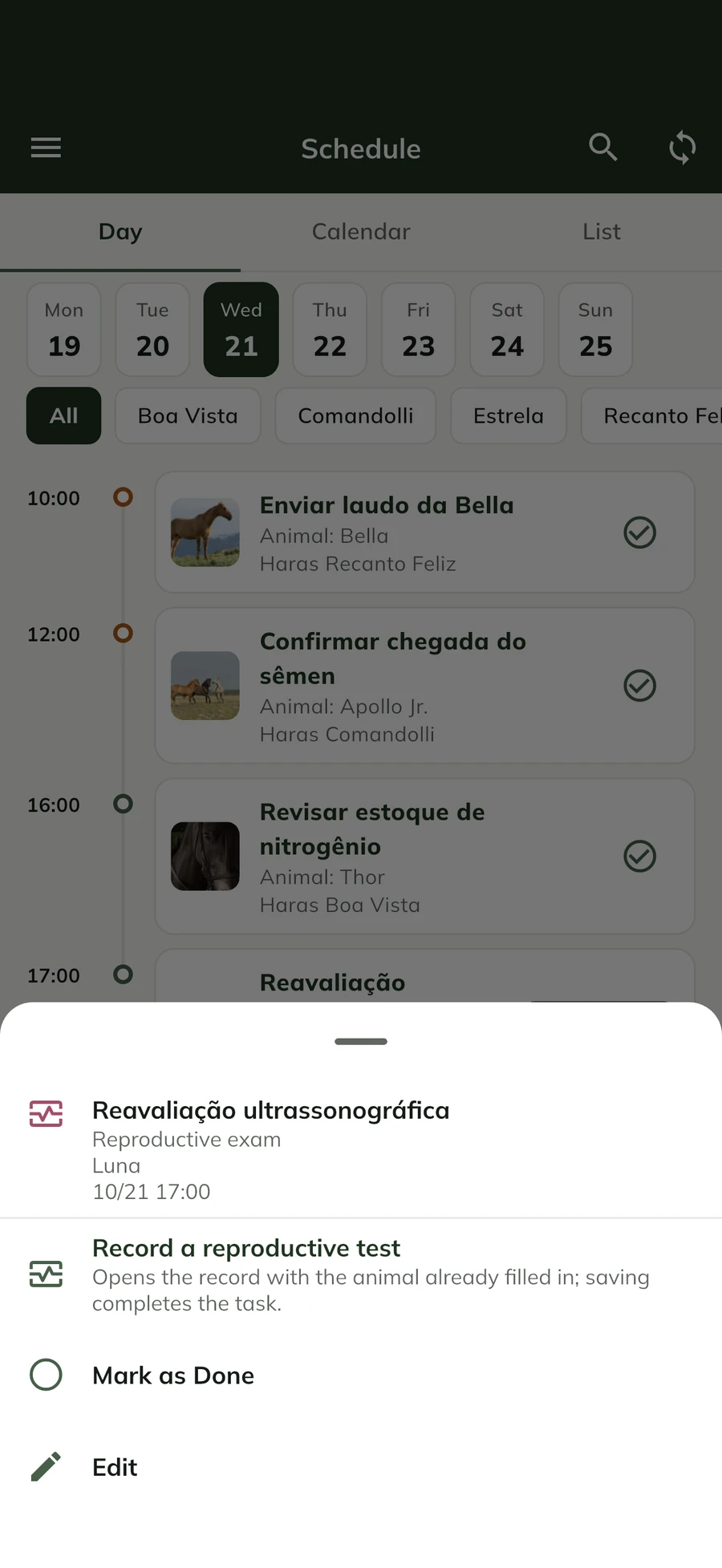 GENNO app schedule, with the appointment open and the Record button
