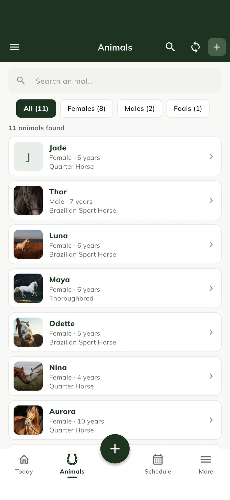 List of the farm's animals in the GENNO app
