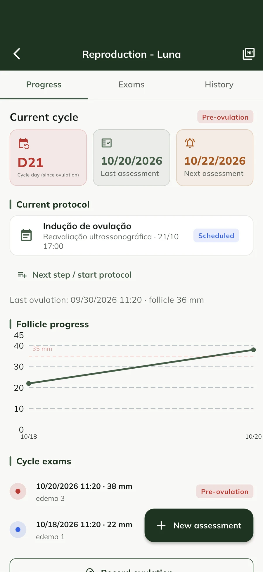 Mare reproductive record in the GENNO app, with exams and timeline