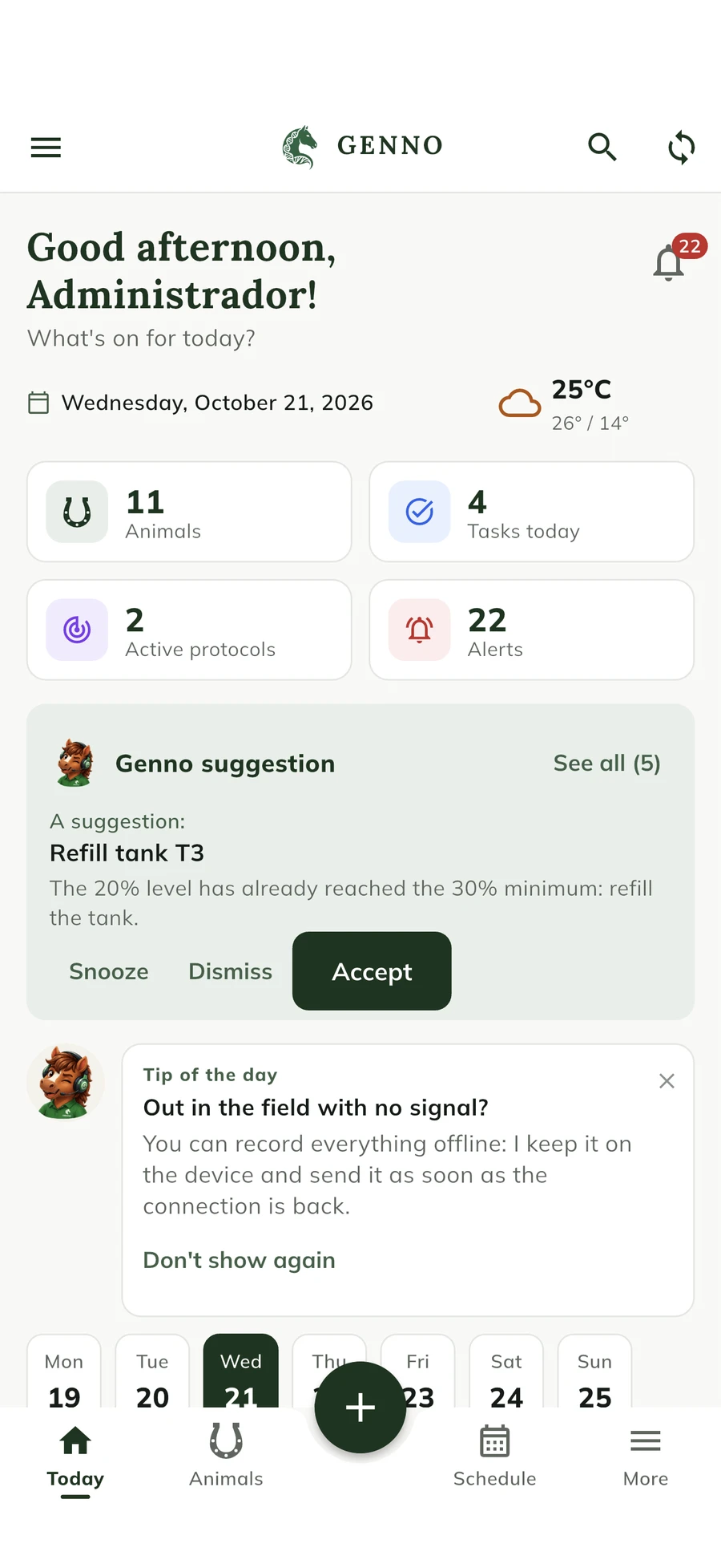 GENNO app Today screen, with the day's visits and reminders