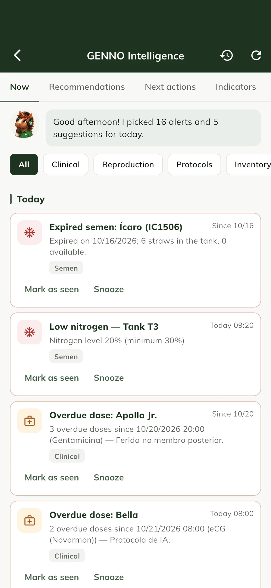 GENNO app Intelligence screen, with alerts and farm indicators