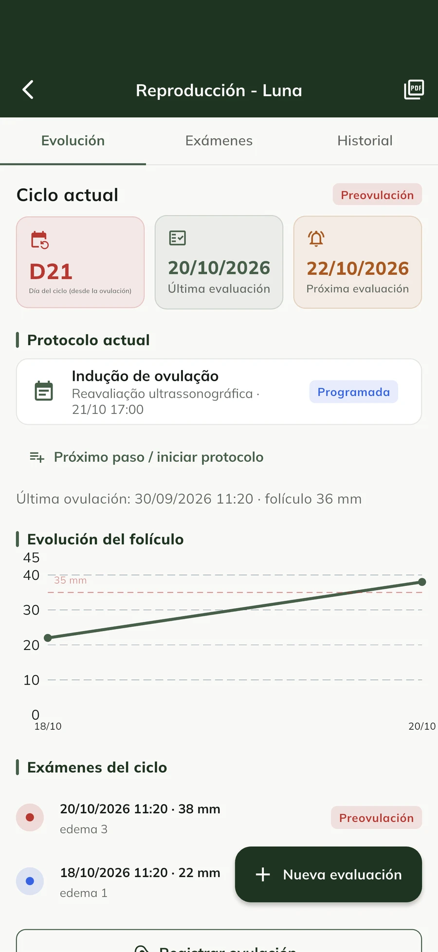 Ficha reproductiva de la yegua en la app GENNO, con exámenes y línea de tiempo